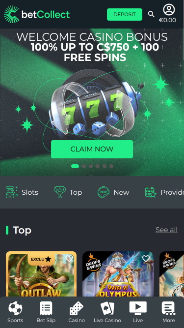 Página de inicio móvil del casino Betcollect