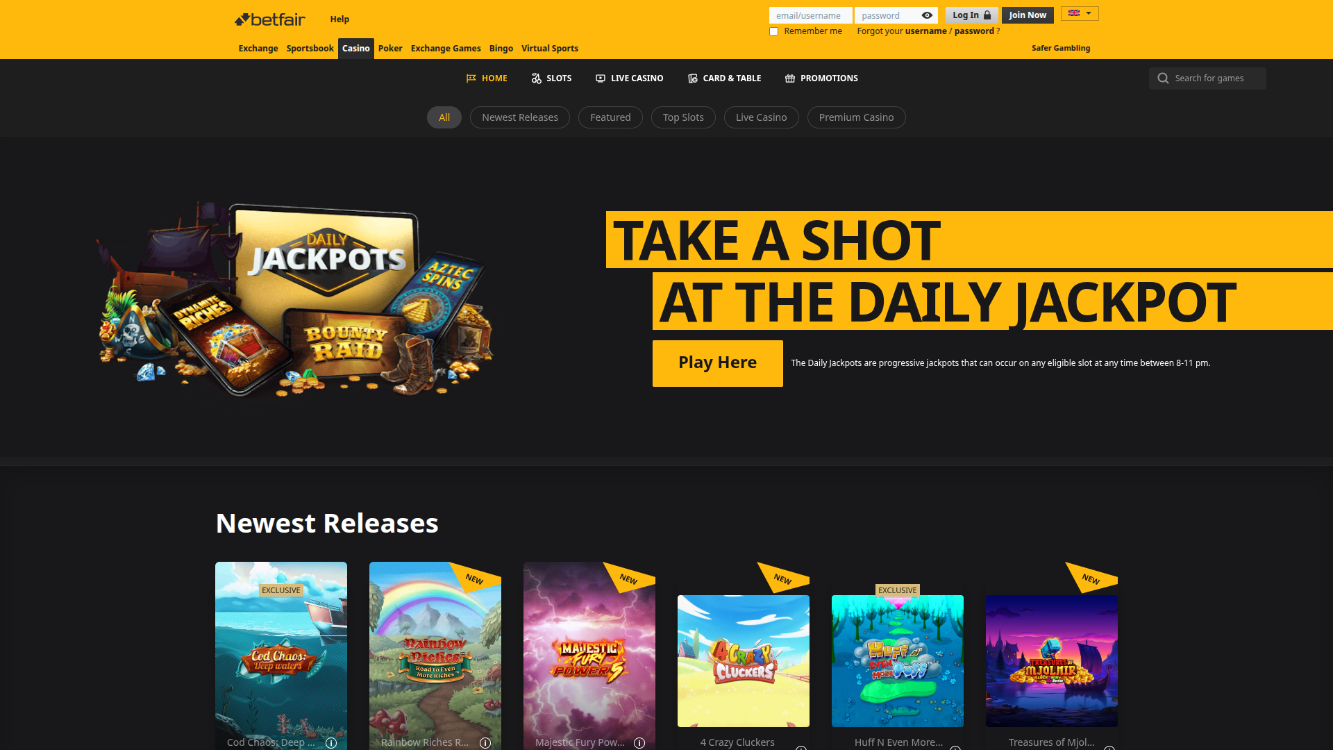 Página de inicio de escritorio de Betfair Casino