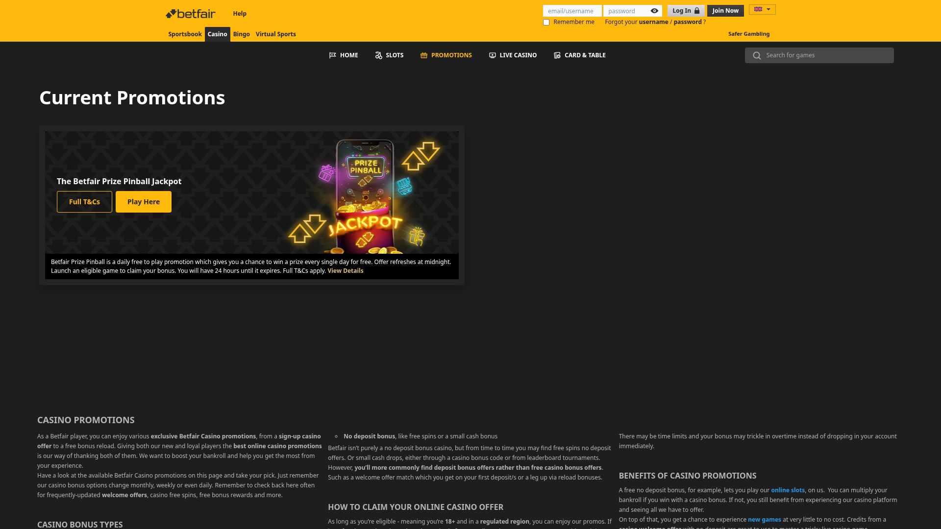 Promotions Betfair Casino sur ordinateur