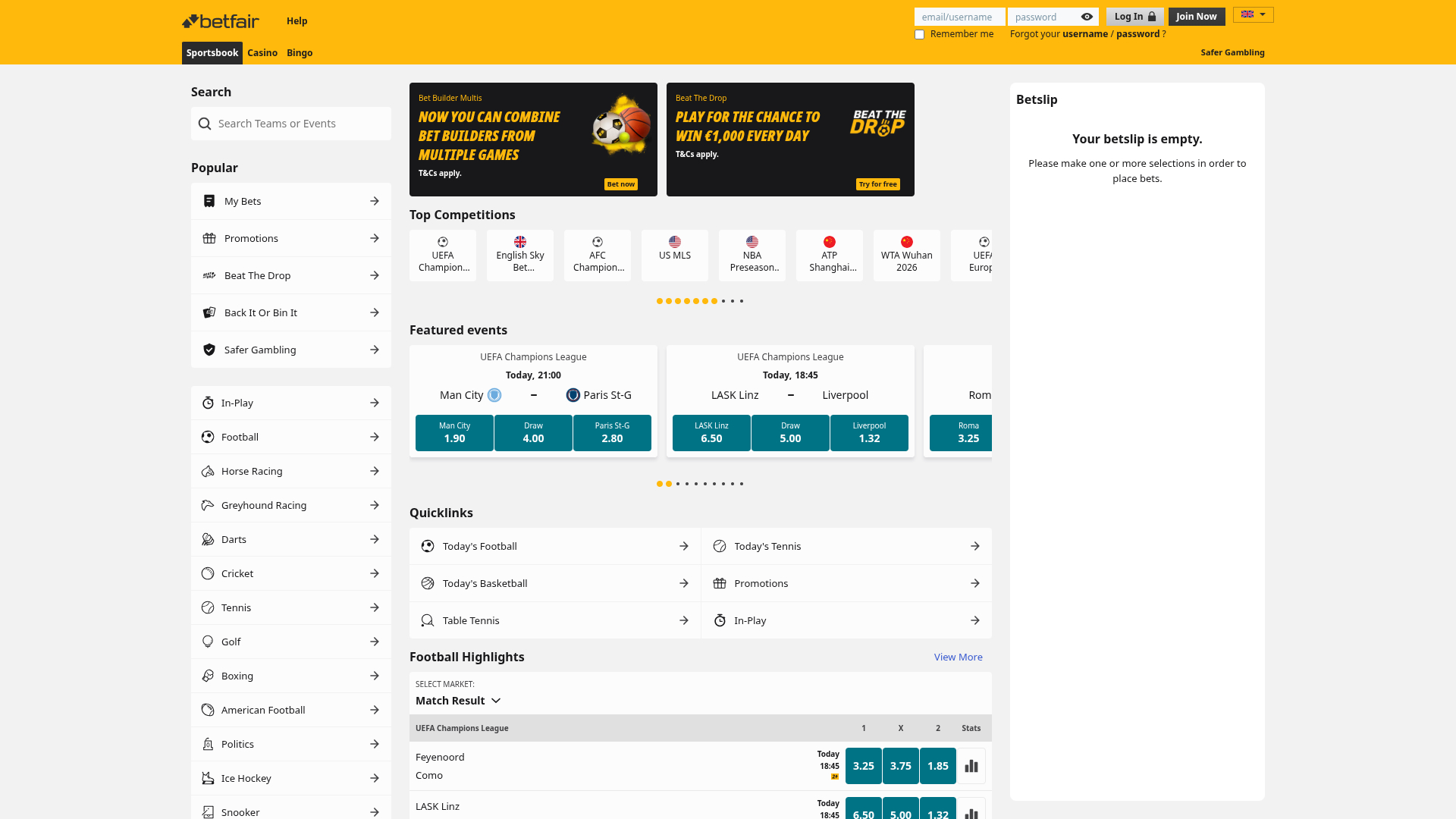Sports sur ordinateur de bureau du casino Betfair