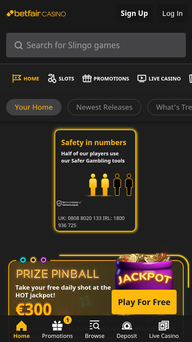 Page d'accueil mobile du casino Betfair