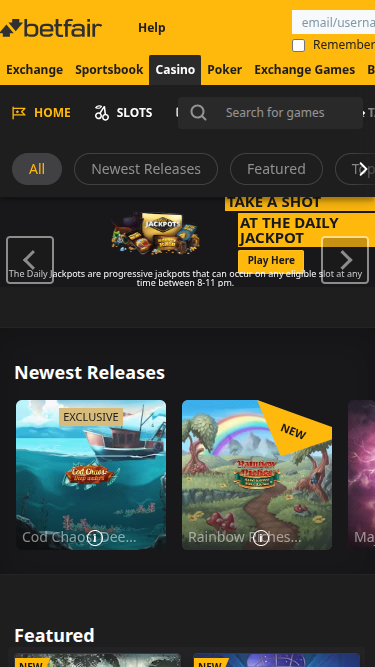 Página de inicio móvil de Betfair Casino