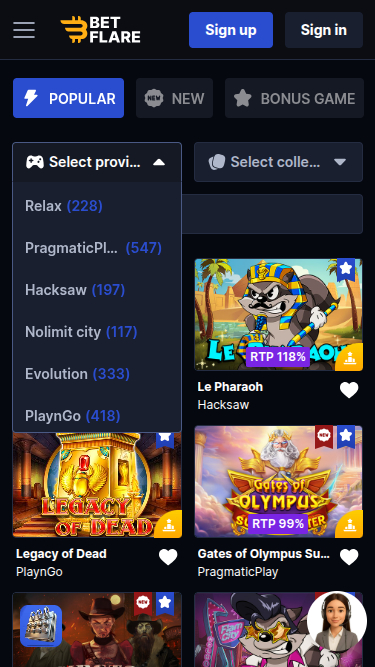 Betflare Casino Mobile Game Developers