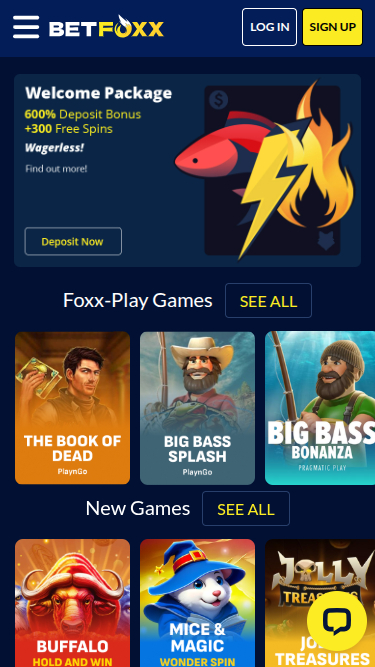 Page d'accueil mobile de BetFoxxx Casino