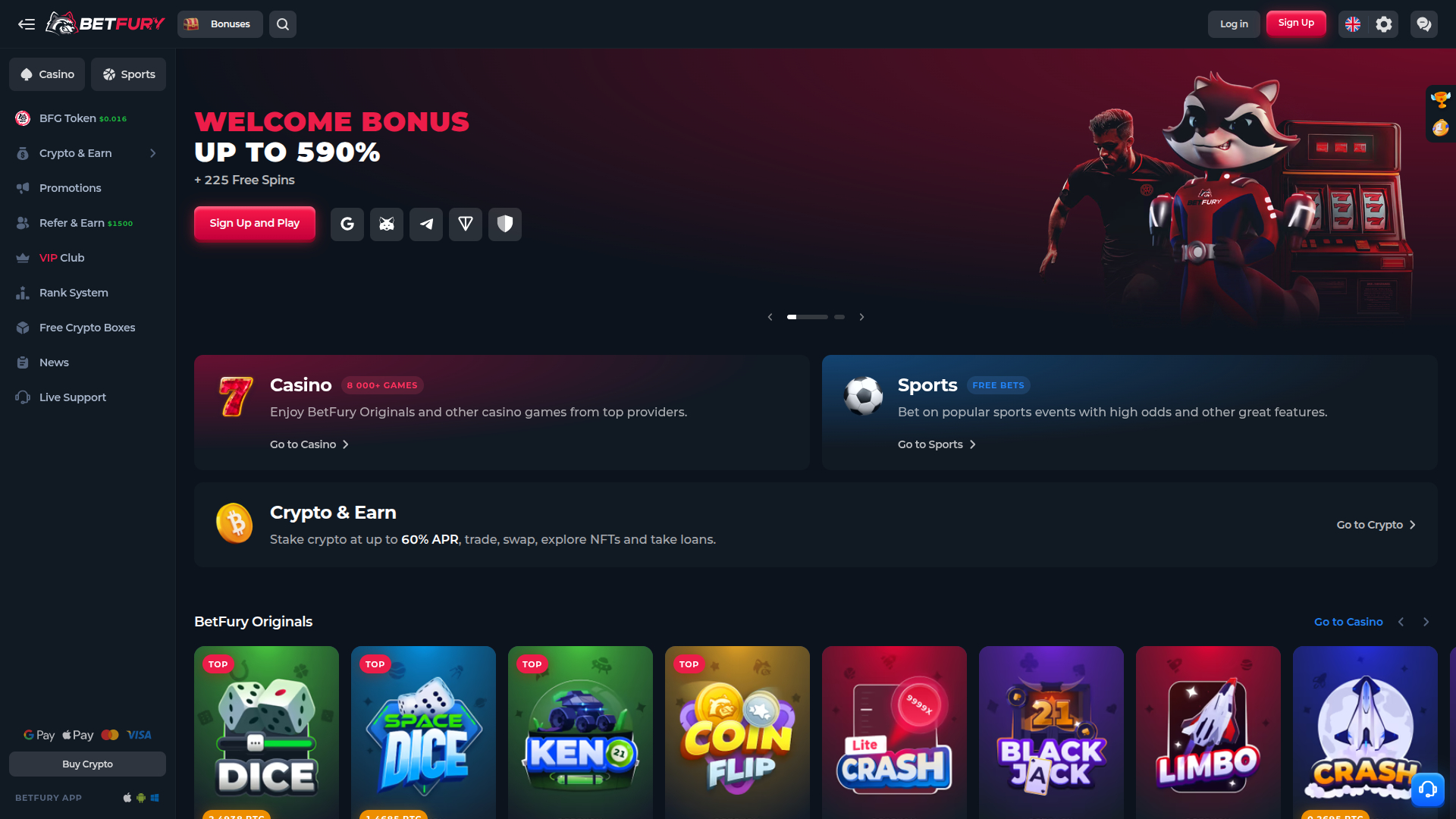 Page d'accueil sur ordinateur de BetFury Casino