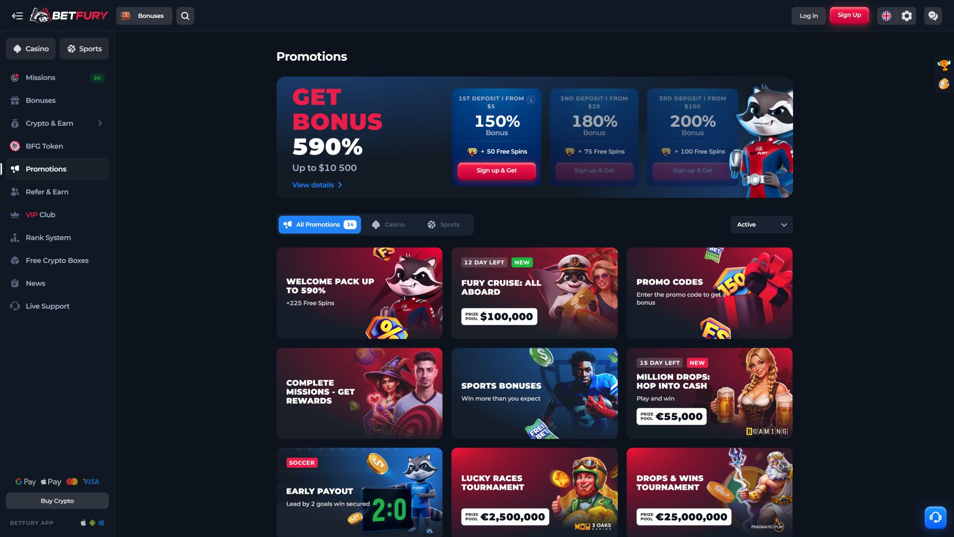 Акции казино BetFury для настольных компьютеров