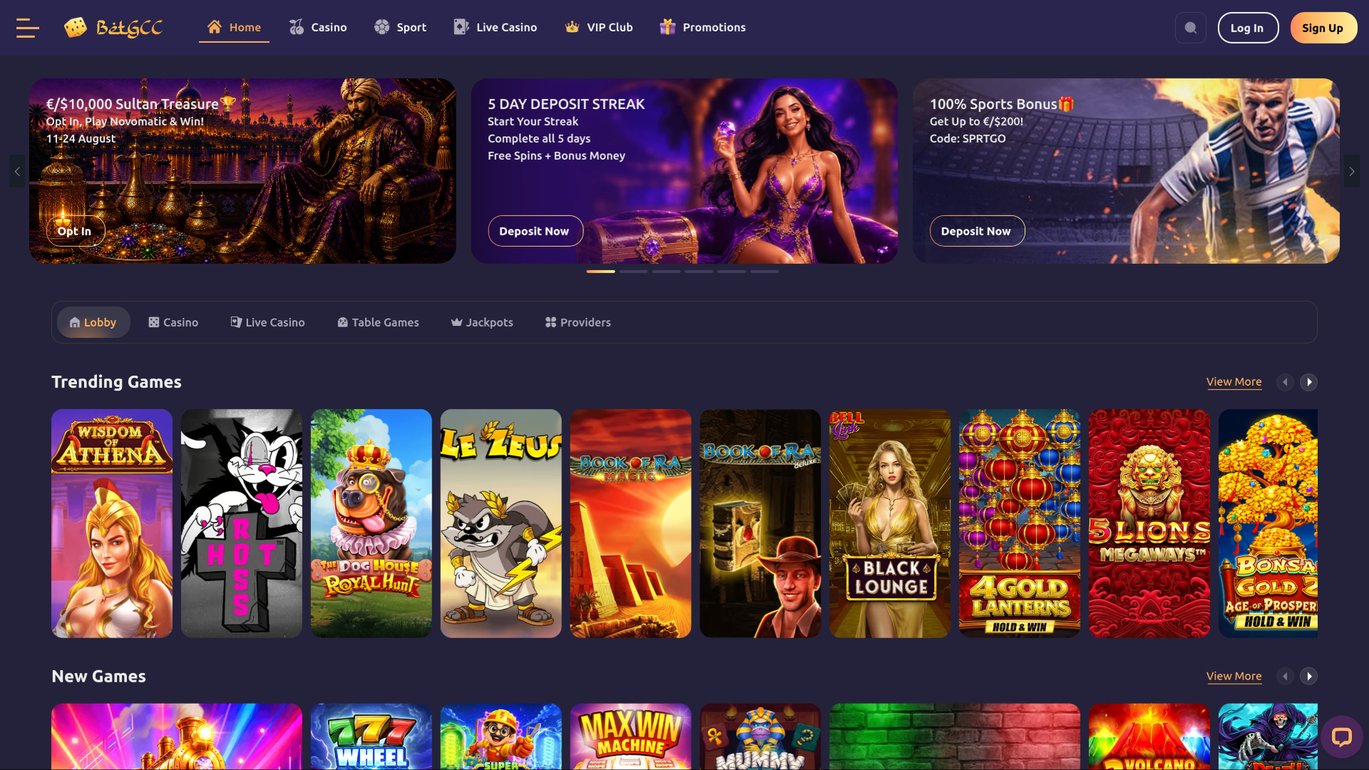 Pagina iniziale desktop del casinò BetGCC