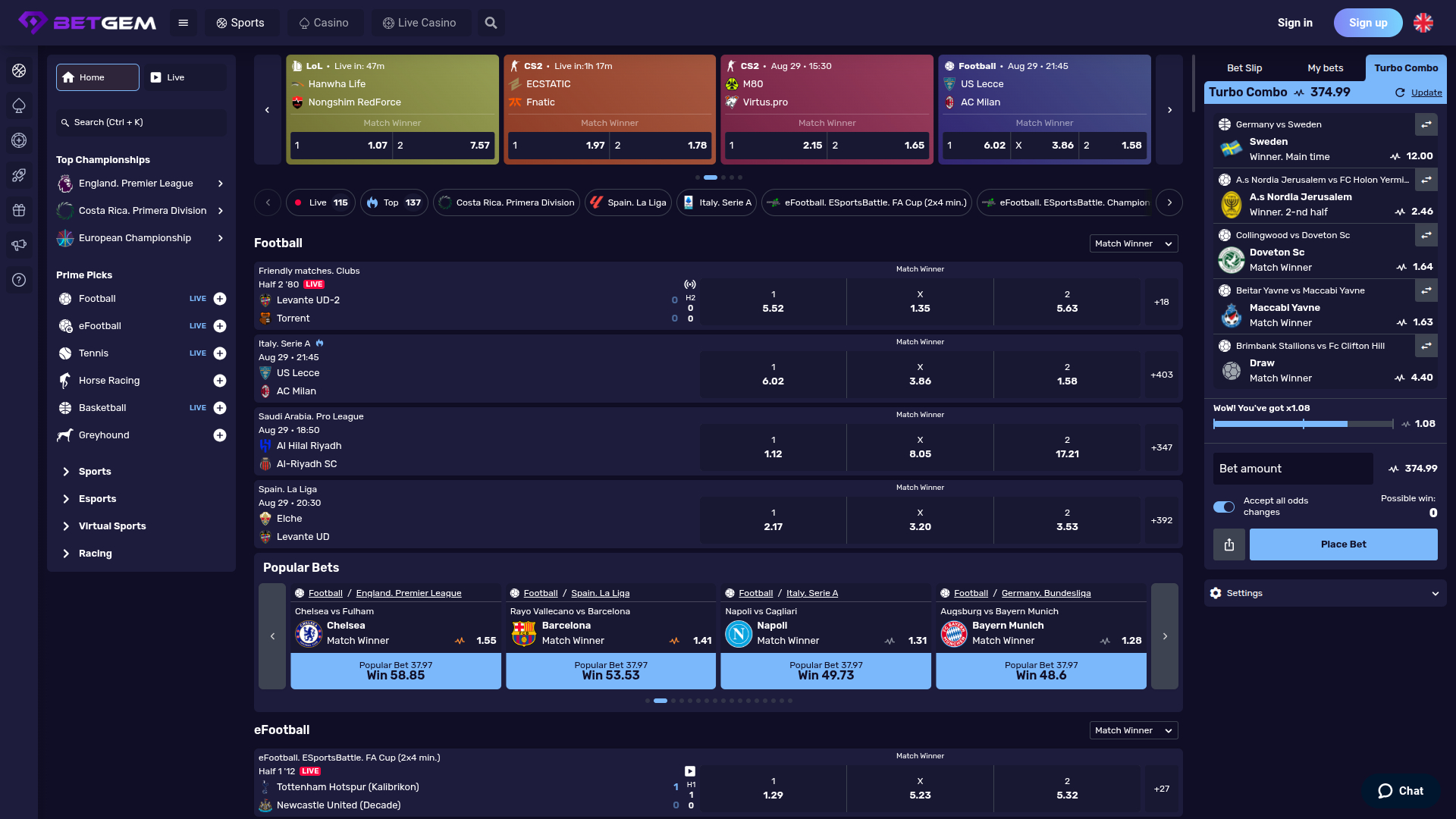 Sports sur ordinateur de BetGem Casino