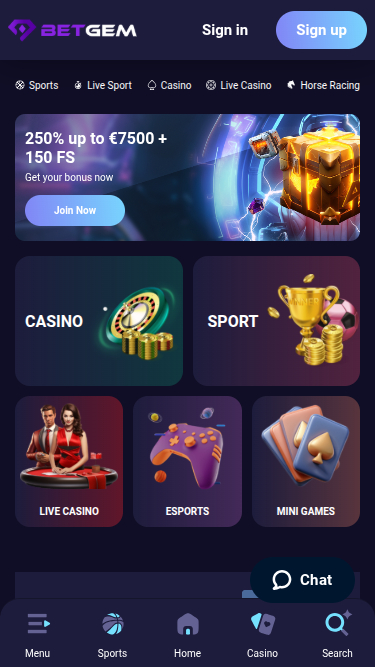 Page d'accueil mobile de BetGem Casino