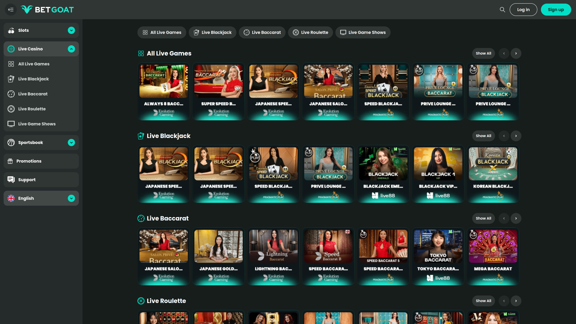 BetGoat Casino Live Dealer Desktop