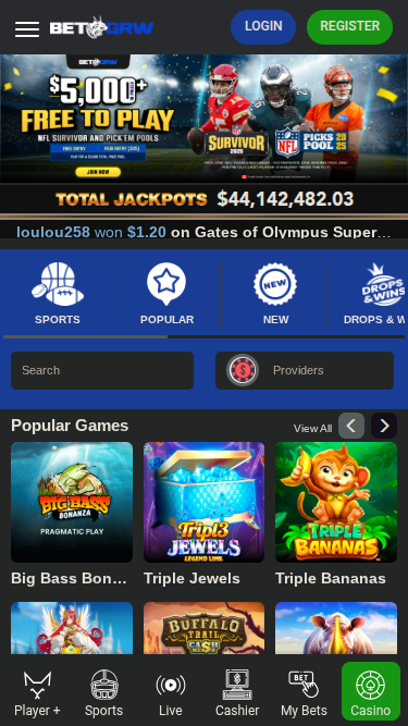 Page d'accueil mobile de BetGrw Casino