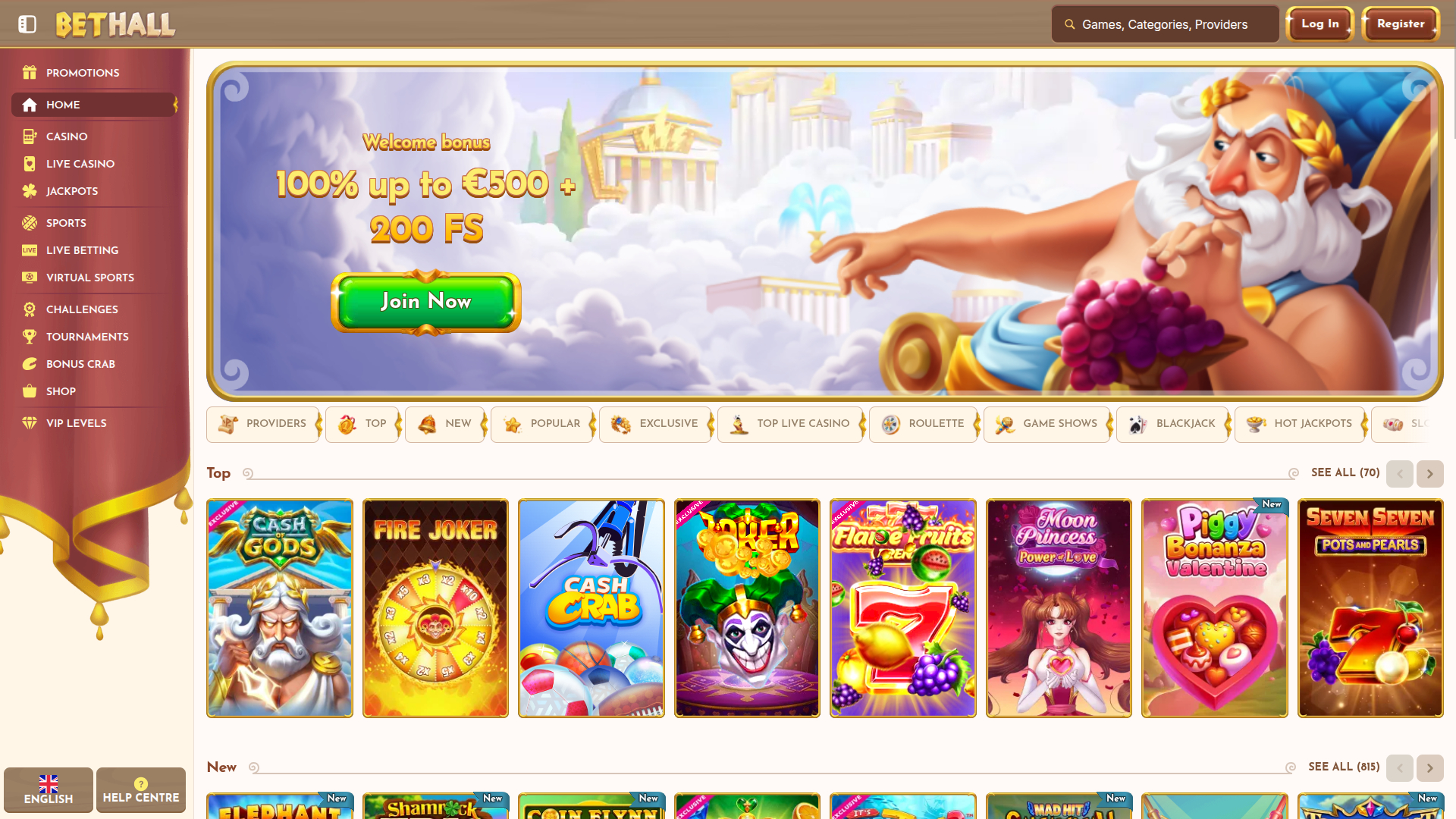 Homepage desktop di BetHall Casino