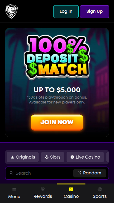 Página de inicio móvil de BetHog Casino