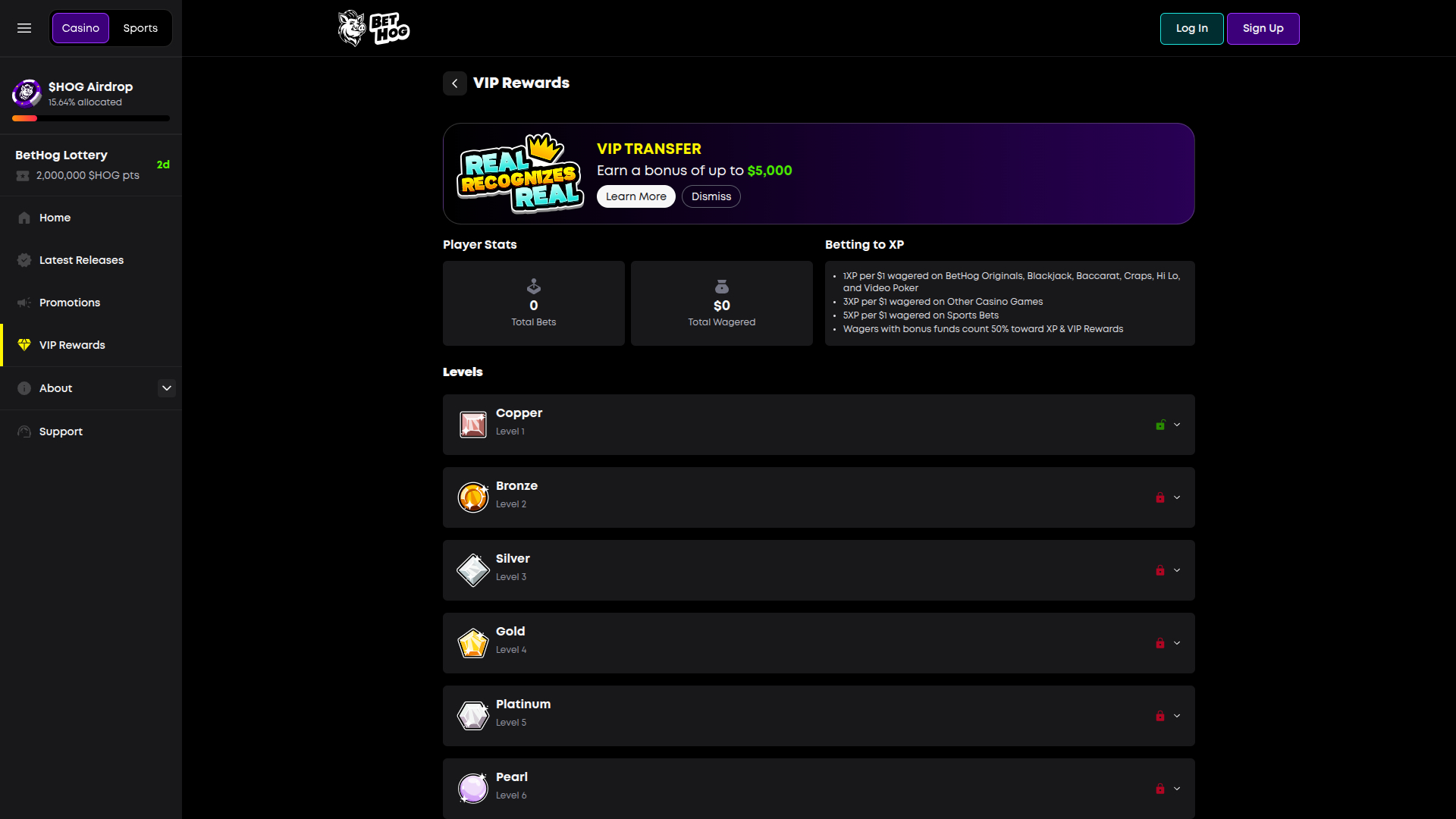 Programa VIP de BetHog Casino para escritorio