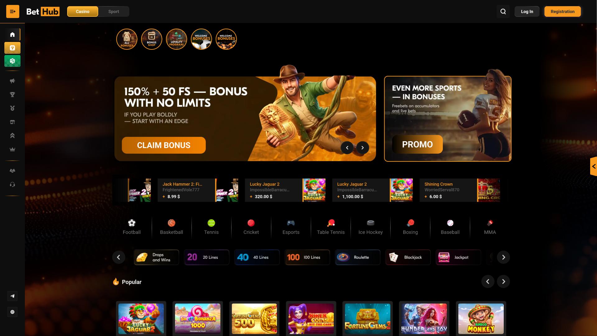 Page d'accueil du casino BetHub