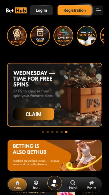 Page d'accueil mobile de BetHub Casino