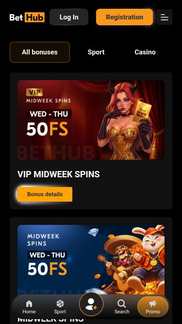 Page mobile des promotions du casino BetHub
