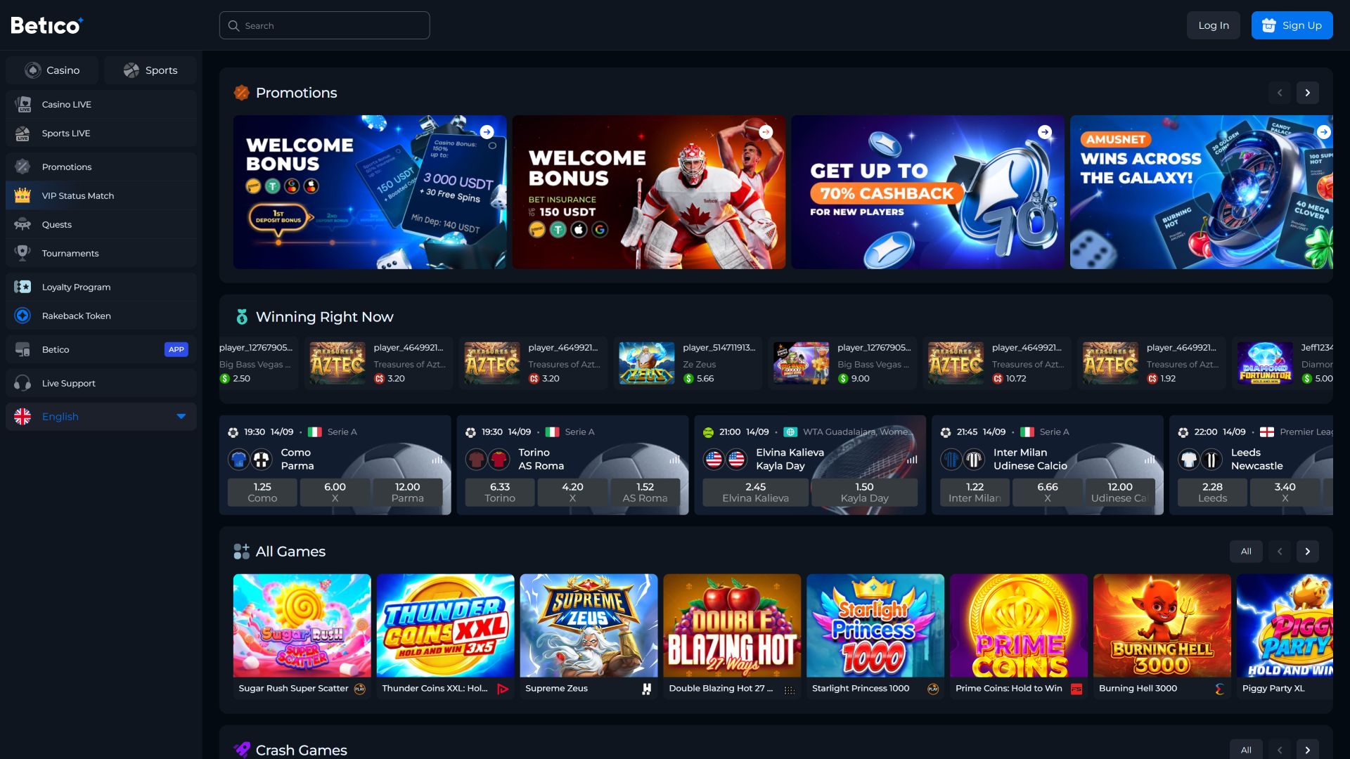 Betico Casino Desktop Homepage