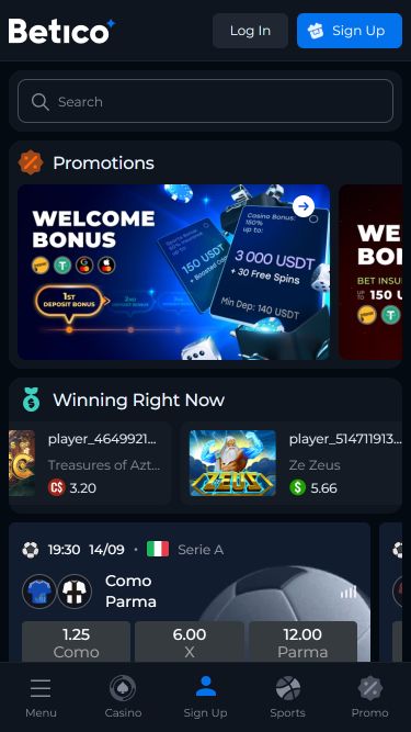Betico Casino Mobile Homepage