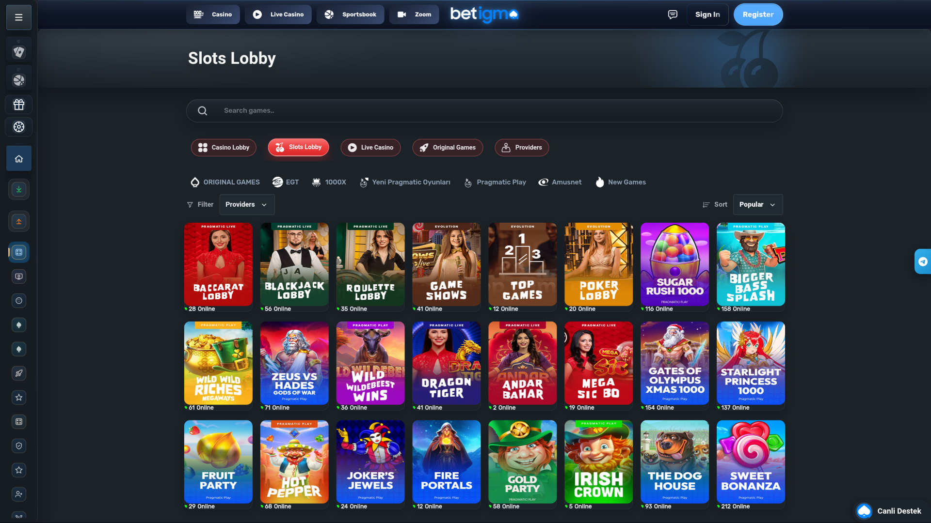 Betigma Casino Desktop Games