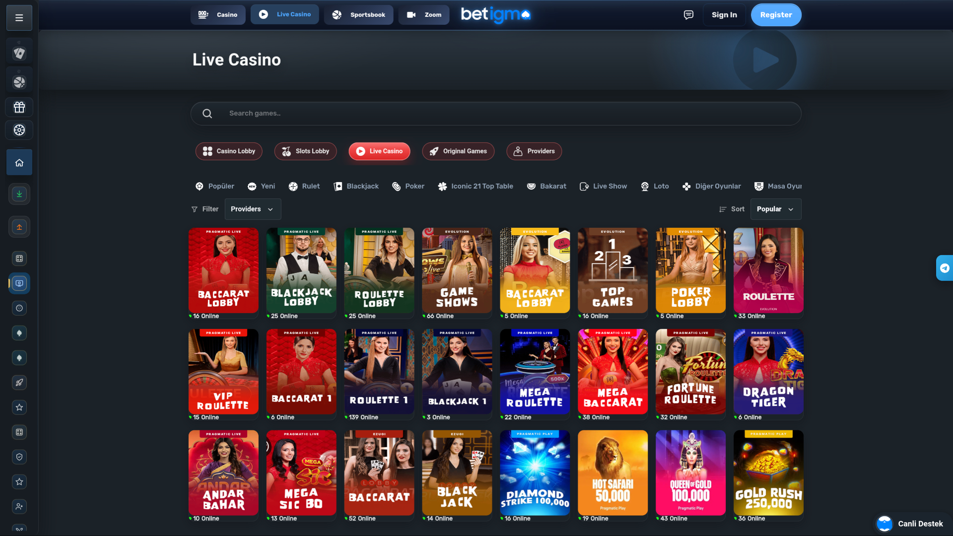 Betigma Casino Desktop Live Dealer