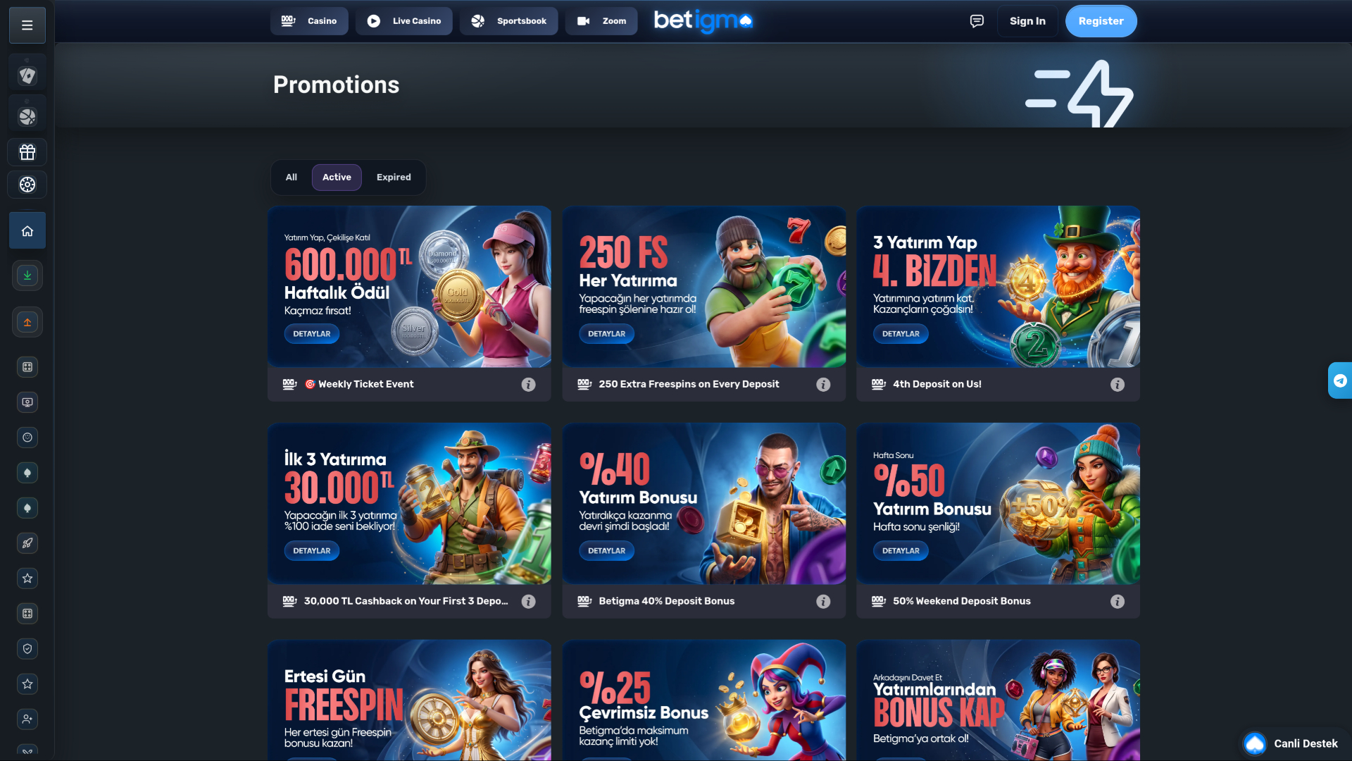 Betigma Casino Desktop Promotions