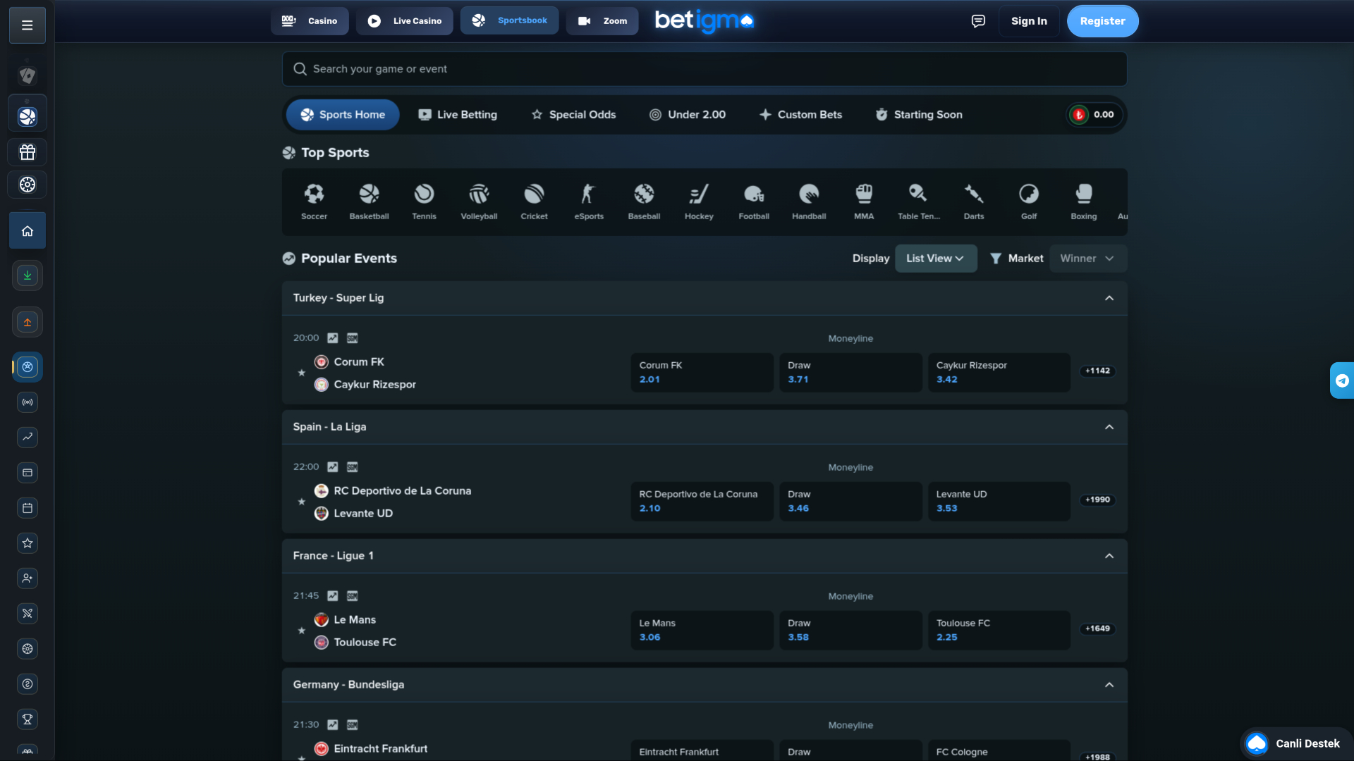 Betigma Casino Desktop Sports