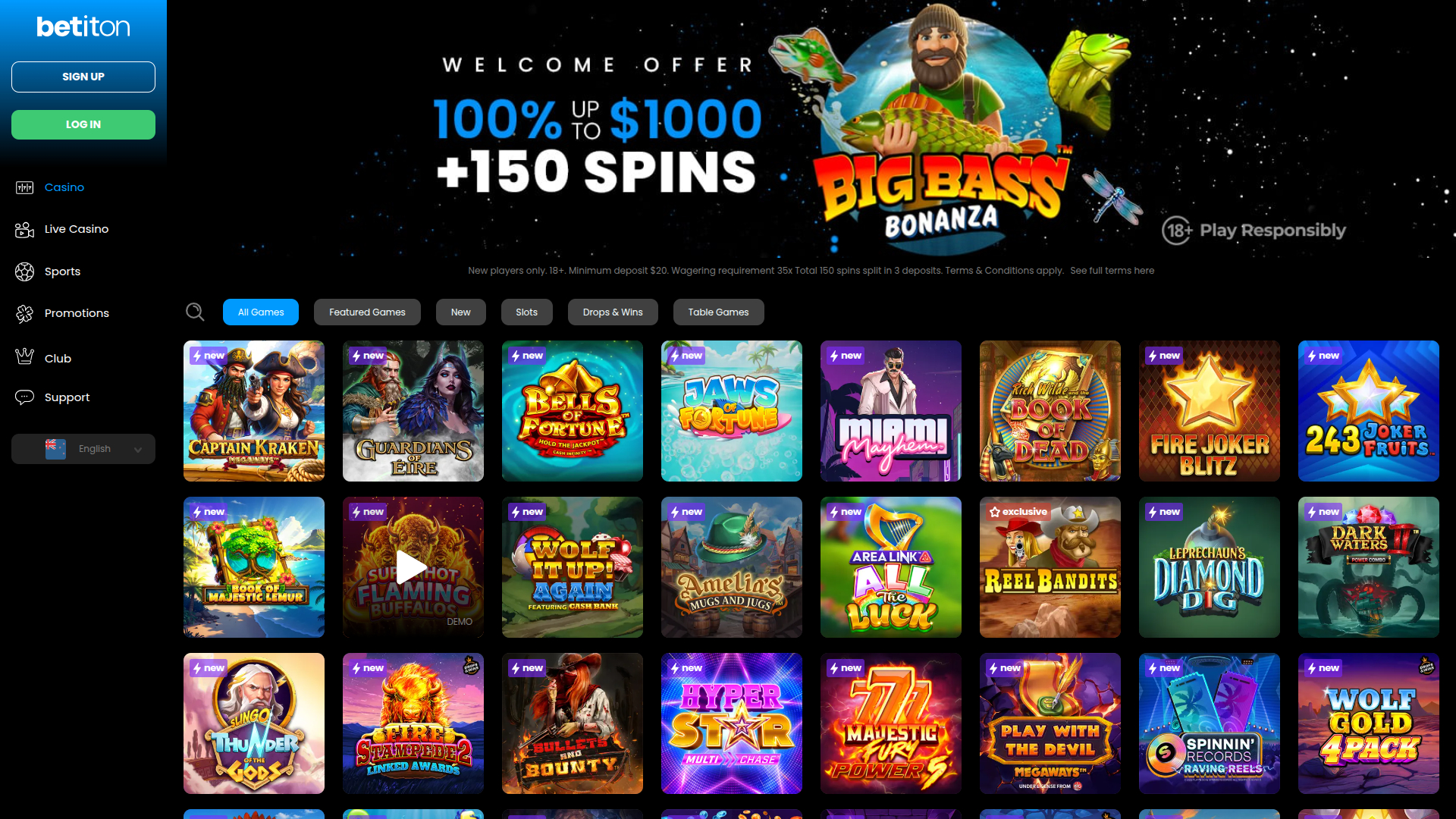 Page d'accueil sur ordinateur de Betiton Casino