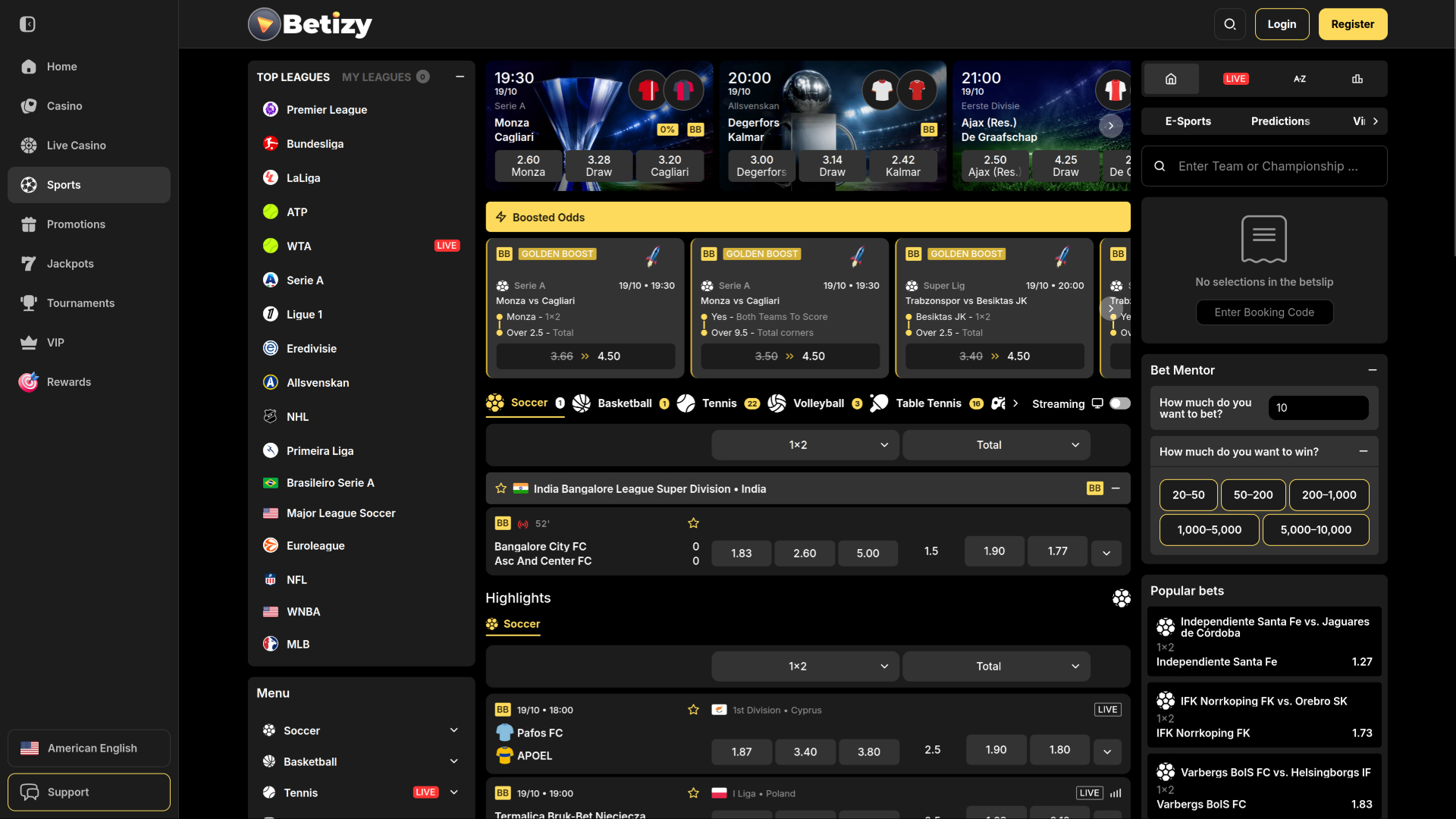 Спорт на ПК в Betizy Casino