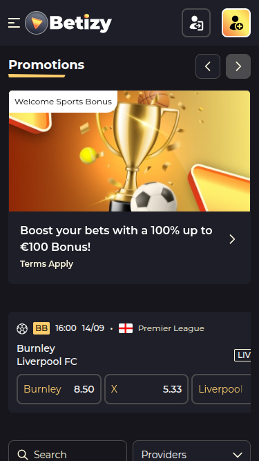 Betizy Casino Mobile Homepage