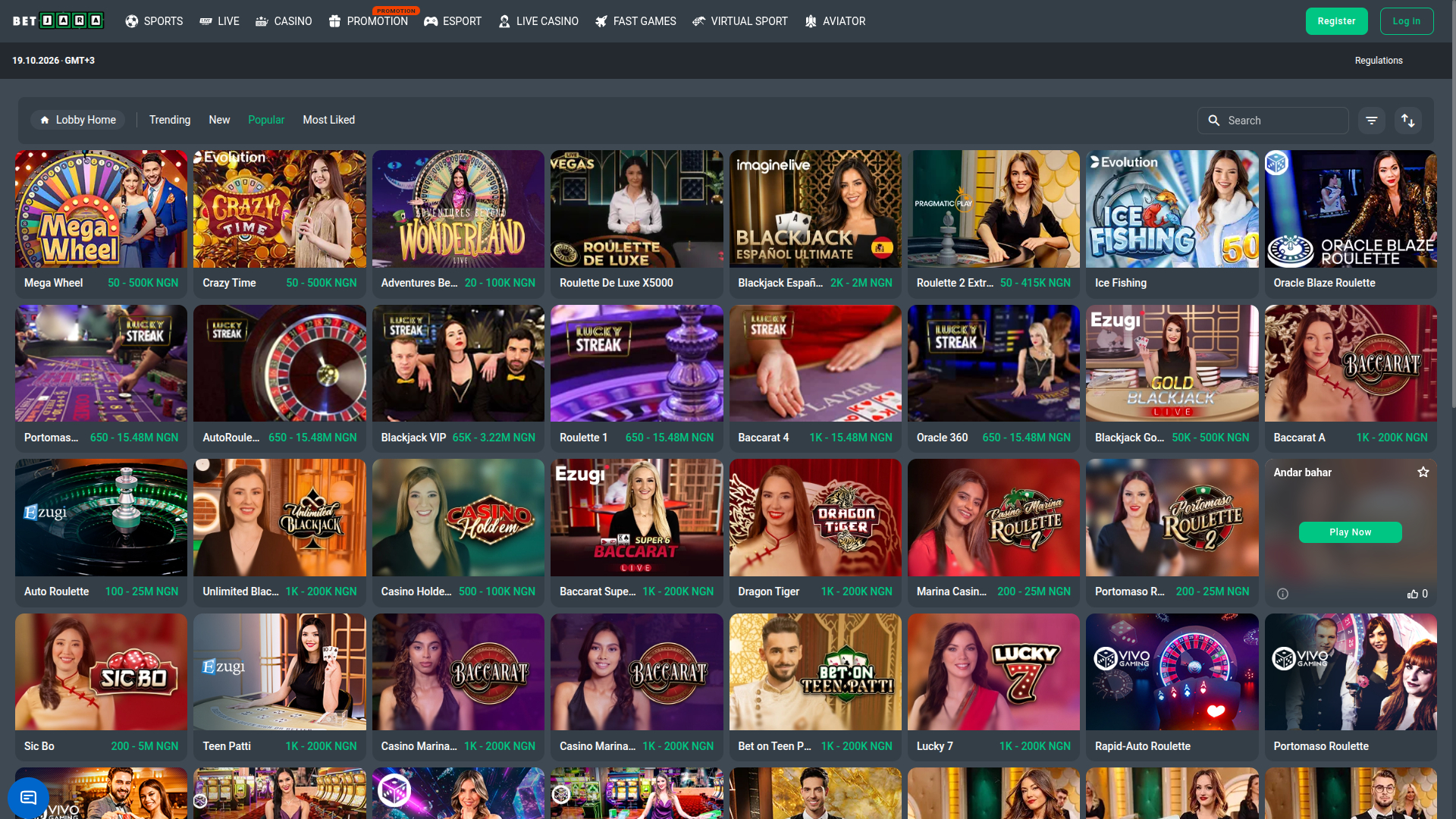 Casino BetJara con crupier en vivo para escritorio