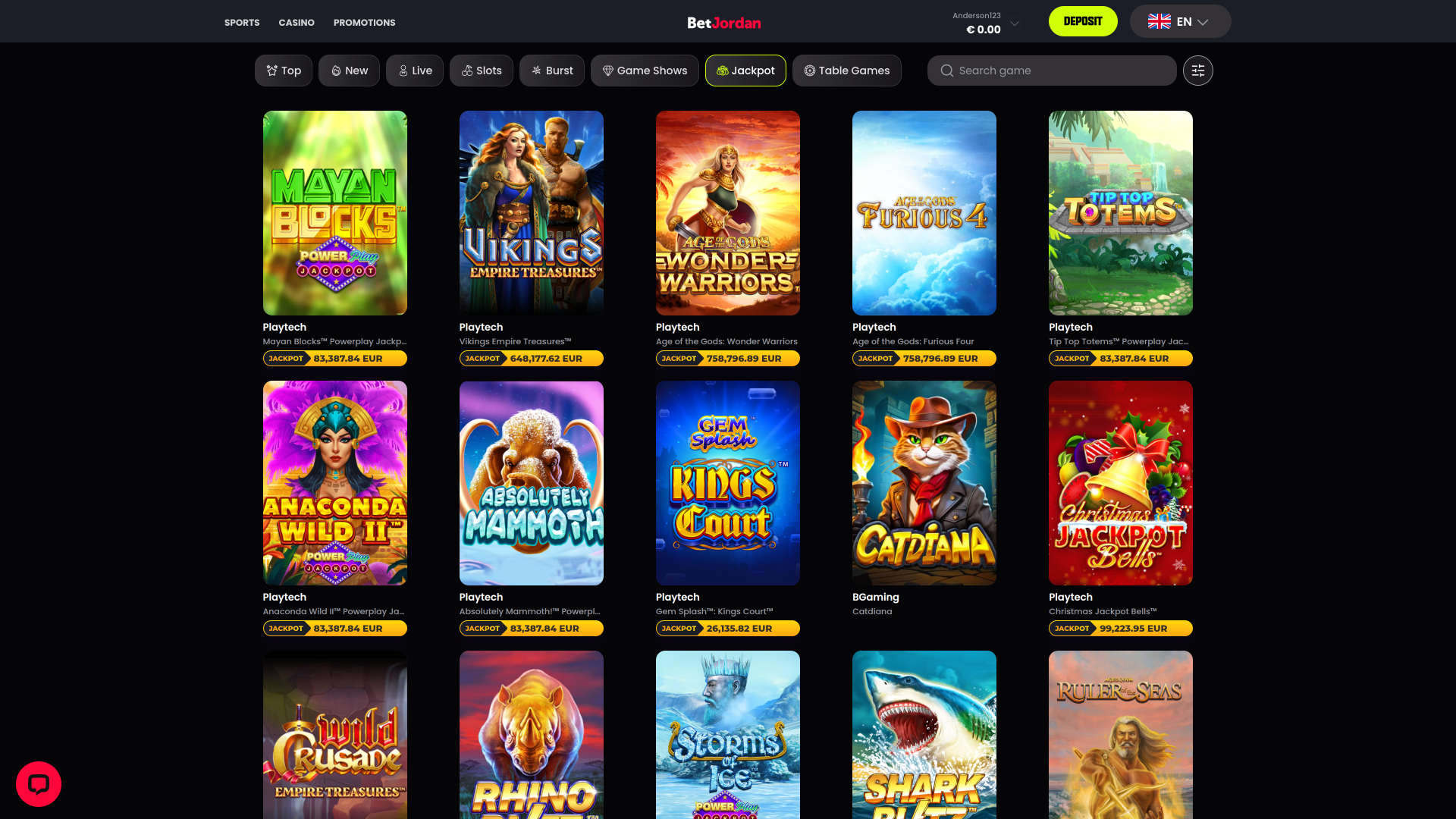 Jackpot du casino BetJordan sur ordinateur