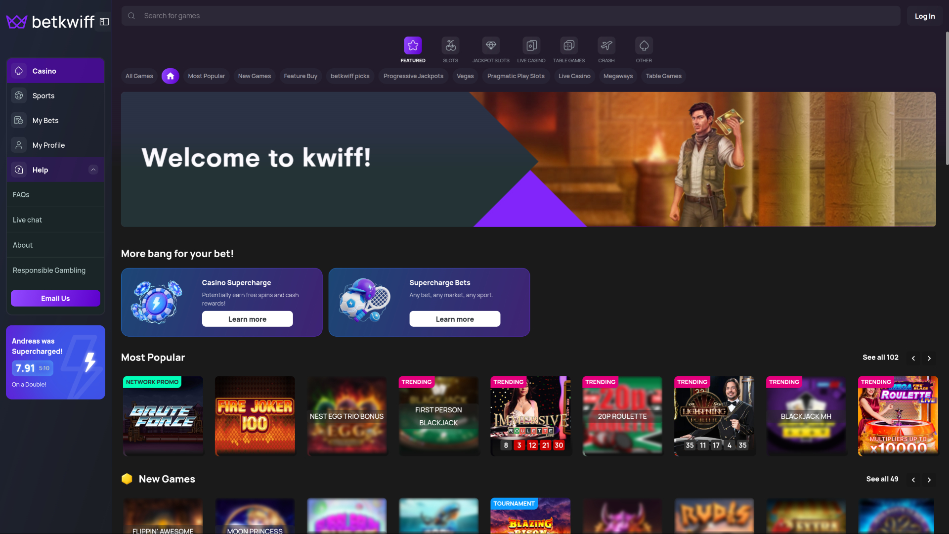 BetKwiffカジノのデスクトップ版ホームページ