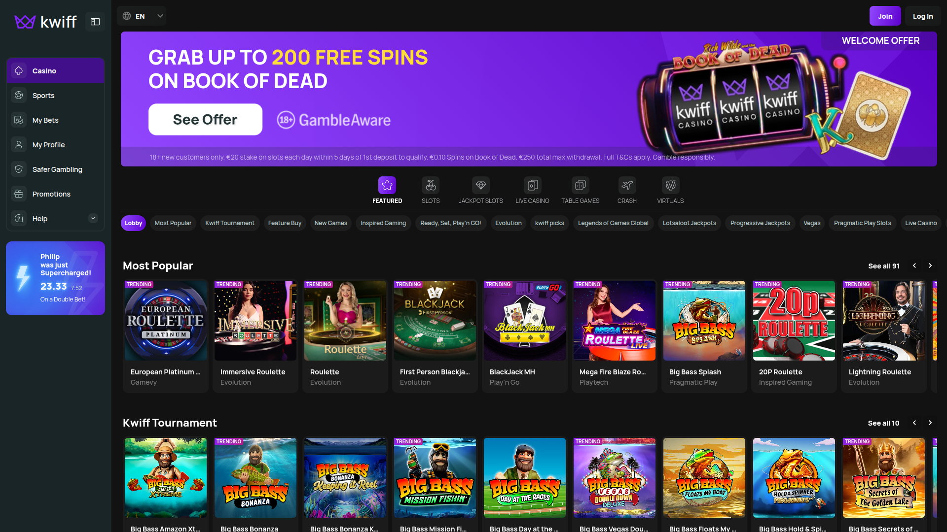BetKwiff Casino Desktop Homepage