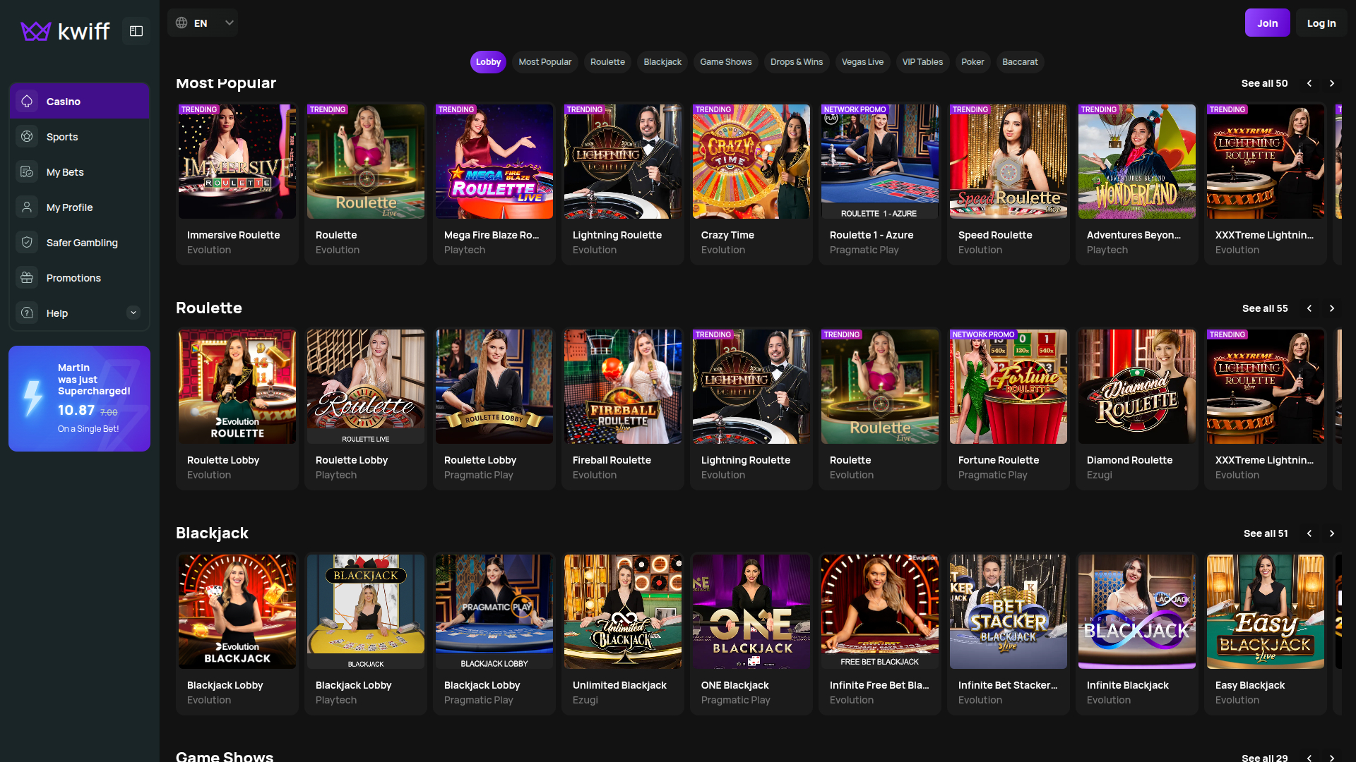 BetKwiff Casino Desktop Live Dealer