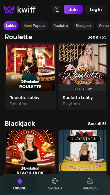 BetKwiff Casino Mobile Live Dealer