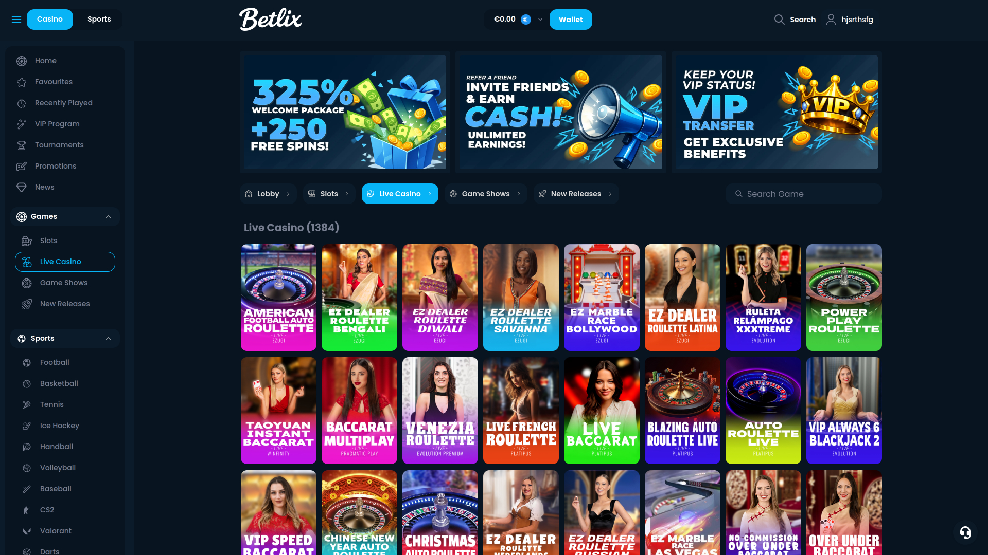 Casino Betlix pour ordinateur avec croupier en direct