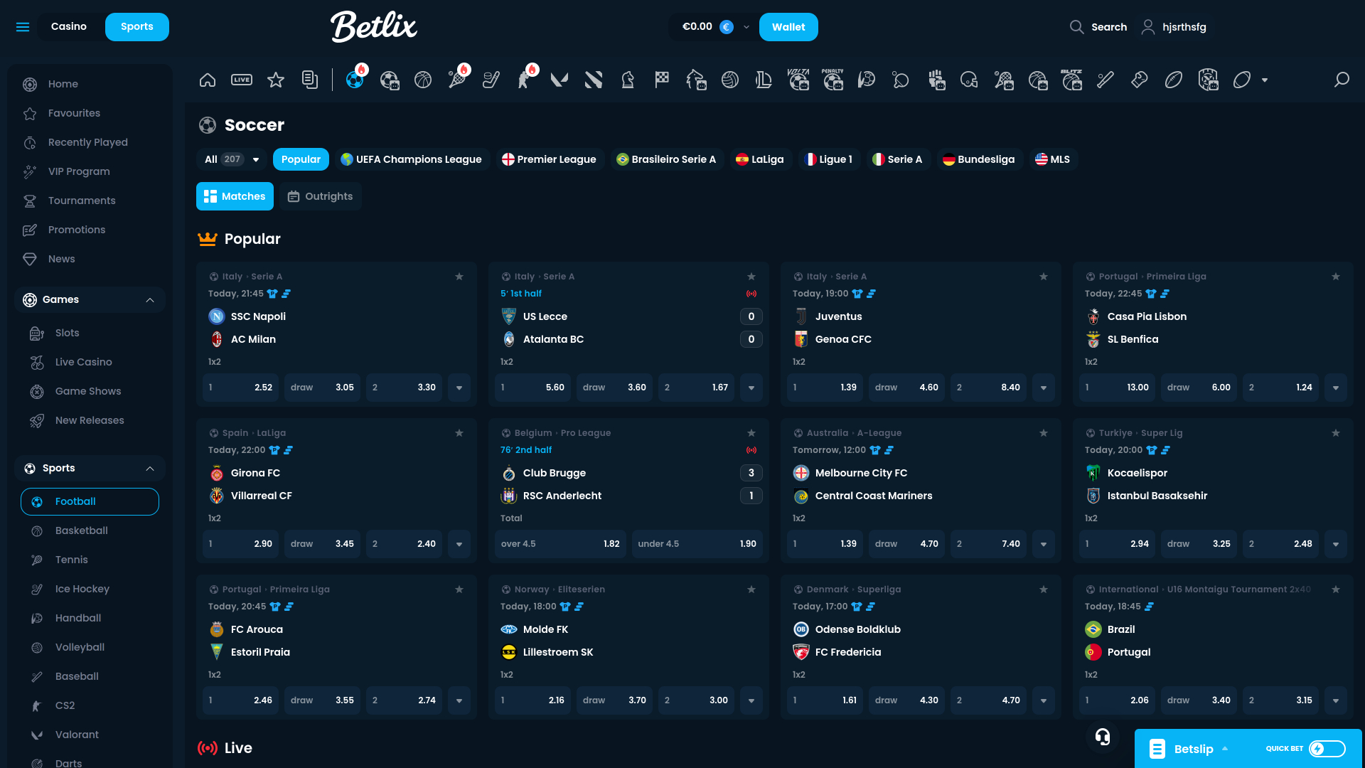 Betlix Casino Sports sur ordinateur
