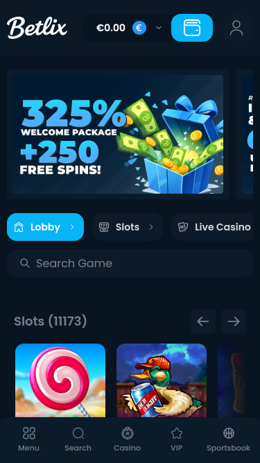 Page d'accueil mobile du casino Betlix