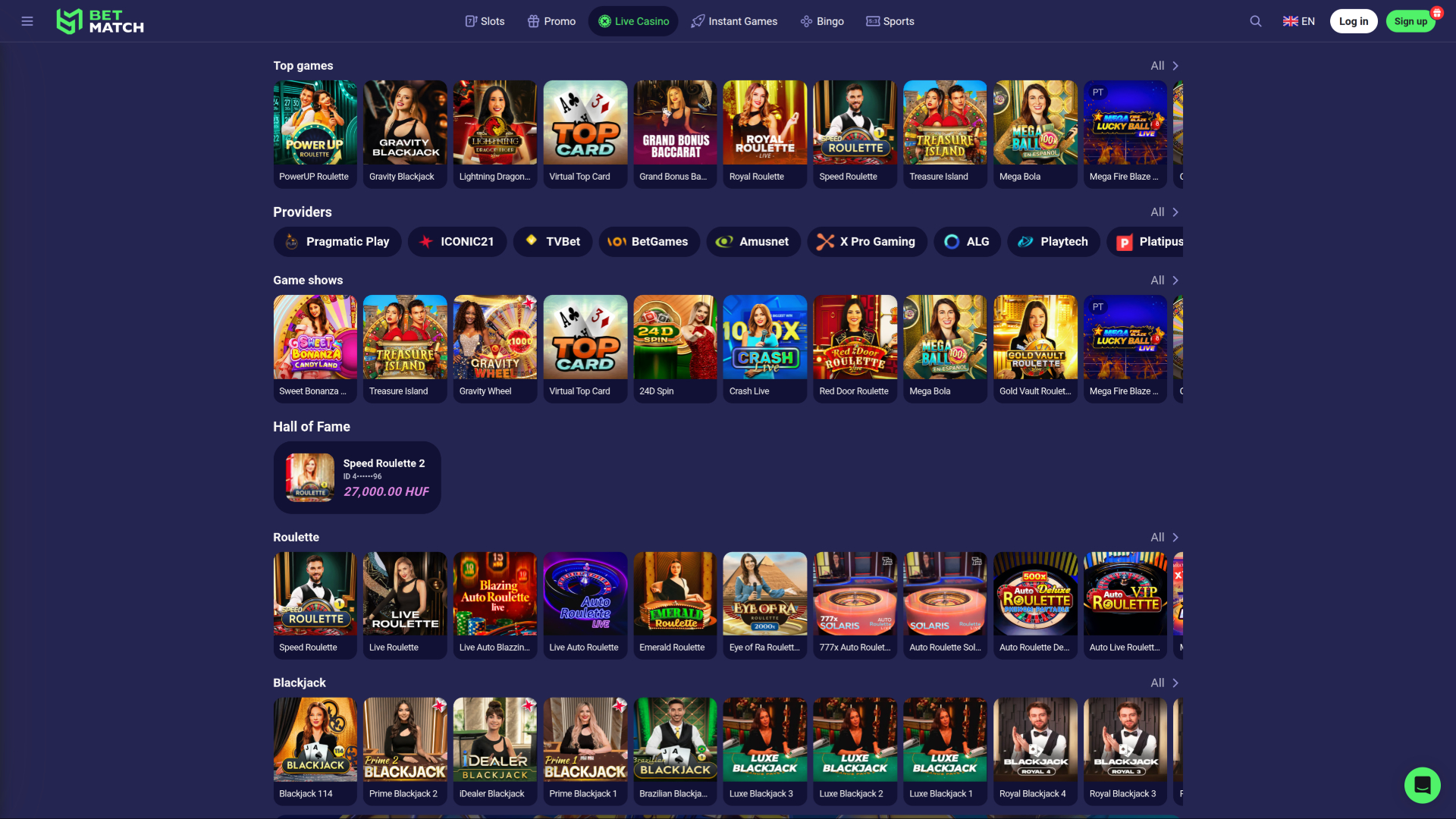 Casino BetMatch pour ordinateur avec croupier en direct