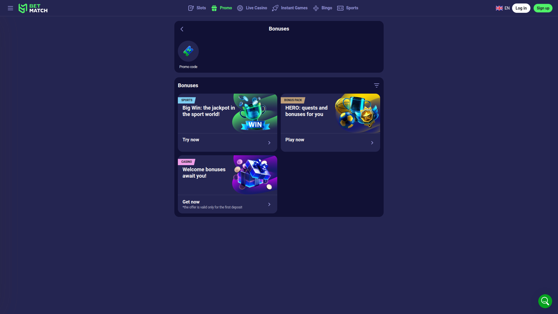 BetMatch Casino Desktop-Aktionen