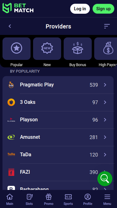 BetMatch Casino mobile Spielentwickler