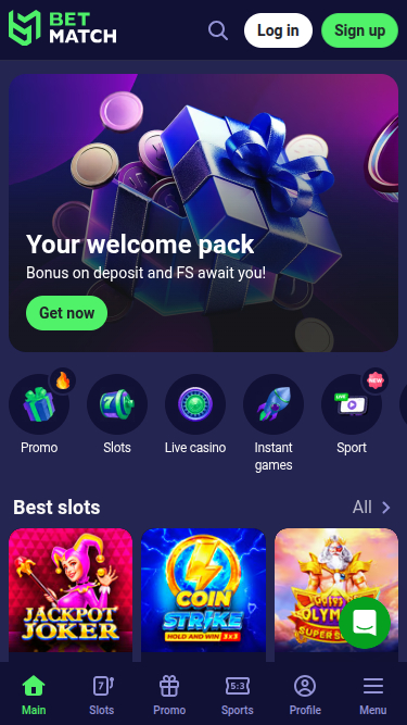 BetMatch Casino mobile Startseite