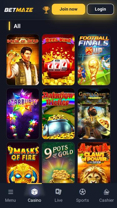 Betmaze Casino games mobile page
