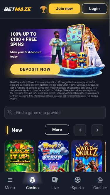 Betmaze Casino mobile homepage