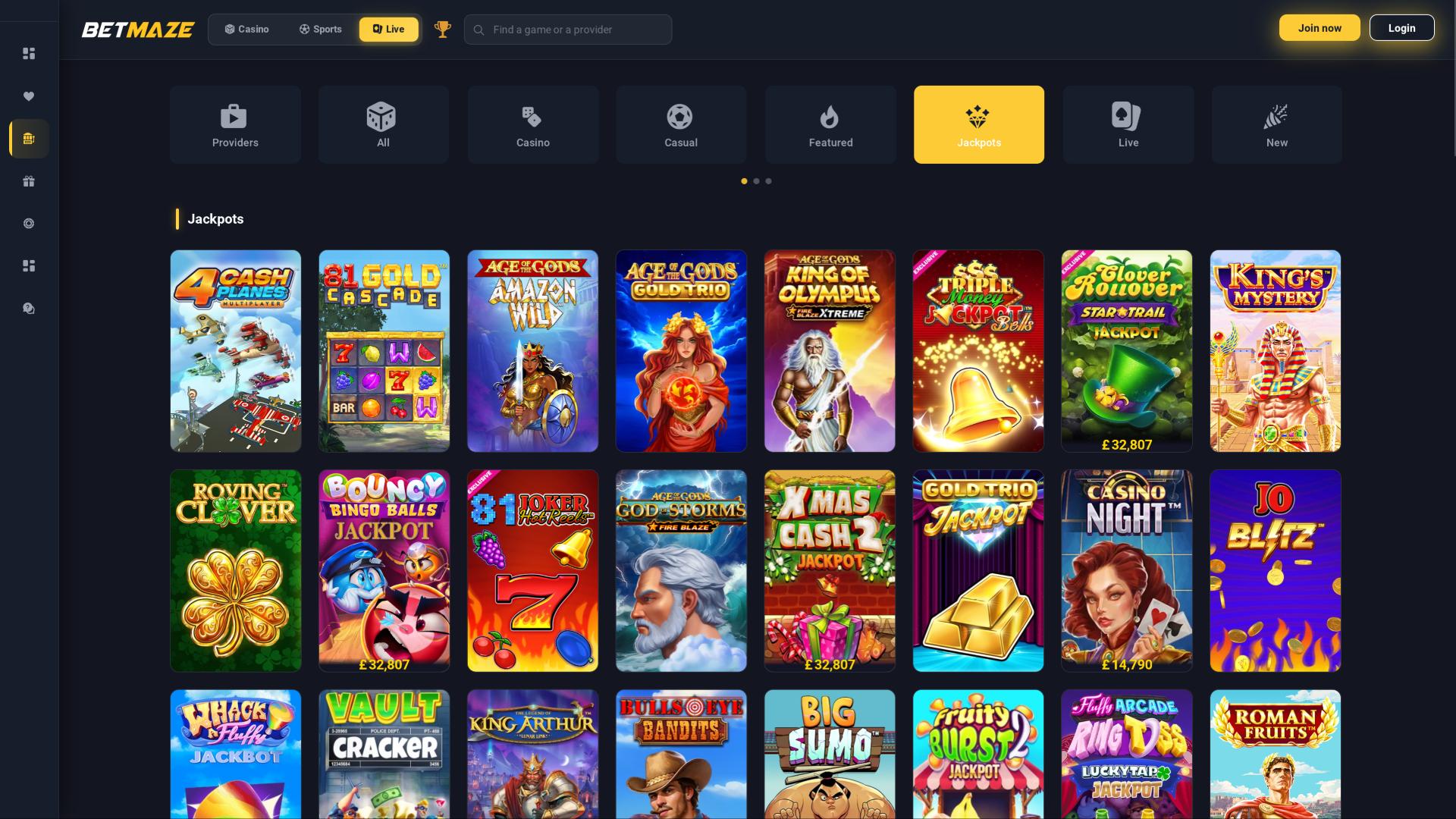 Betmaze Casino jackpot page