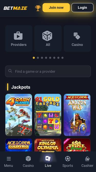 Betmaze Casino jackpot mobile page