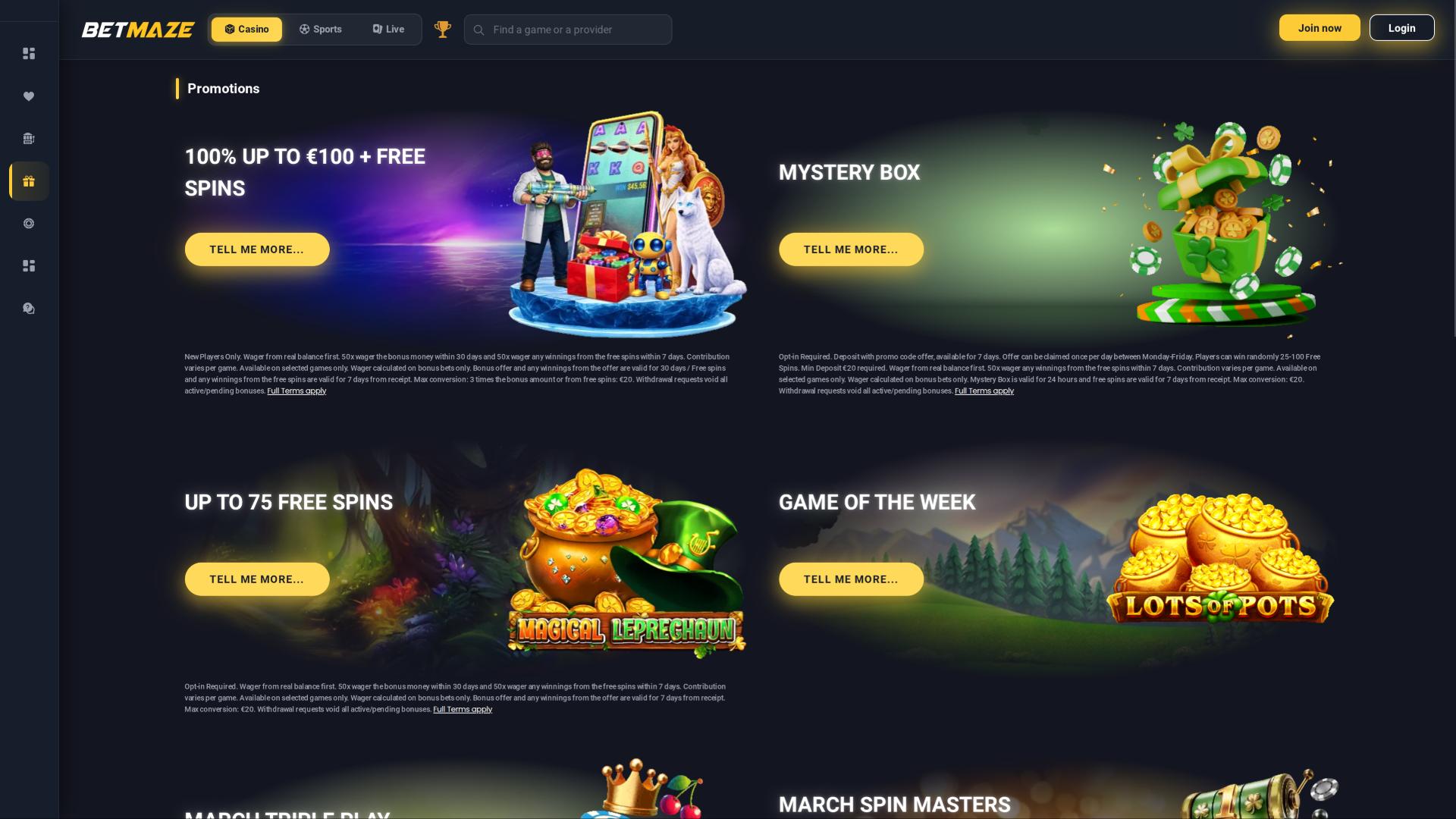Betmaze Casino promotions page