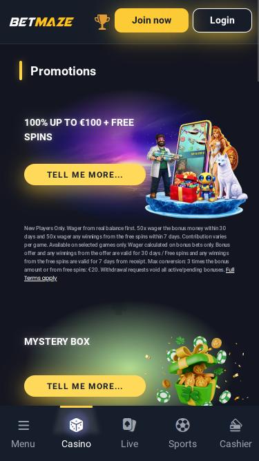 Betmaze Casino promotions mobile page