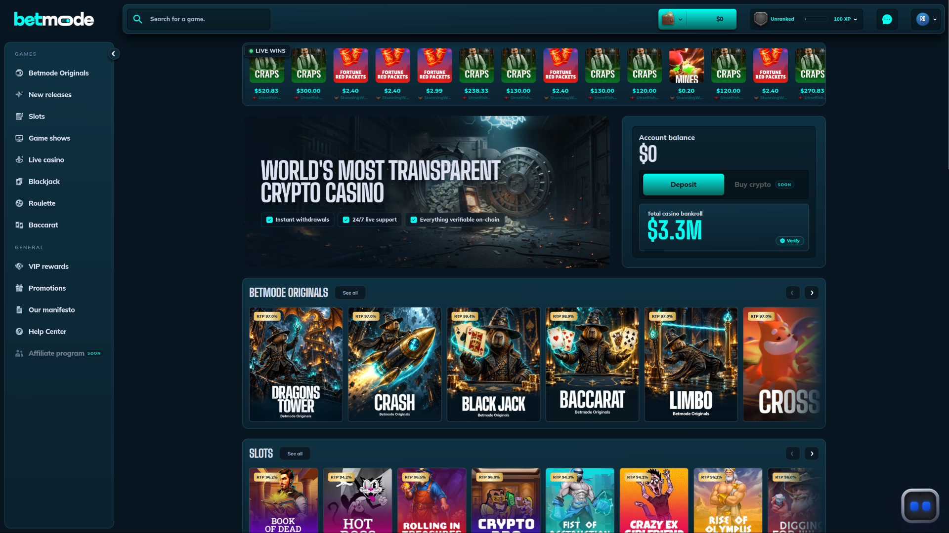 Pagina iniziale desktop di BetMode Casino